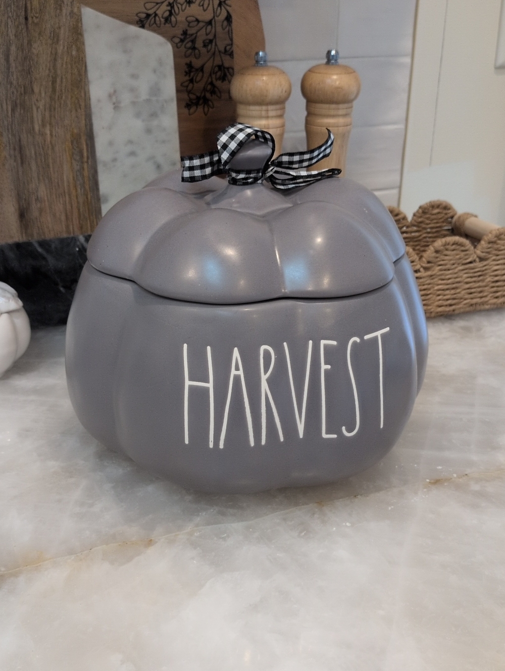 Rae Dunn Gray 'HARVEST' Pumpkin Ceramic Storage Jar with Gingham Bow